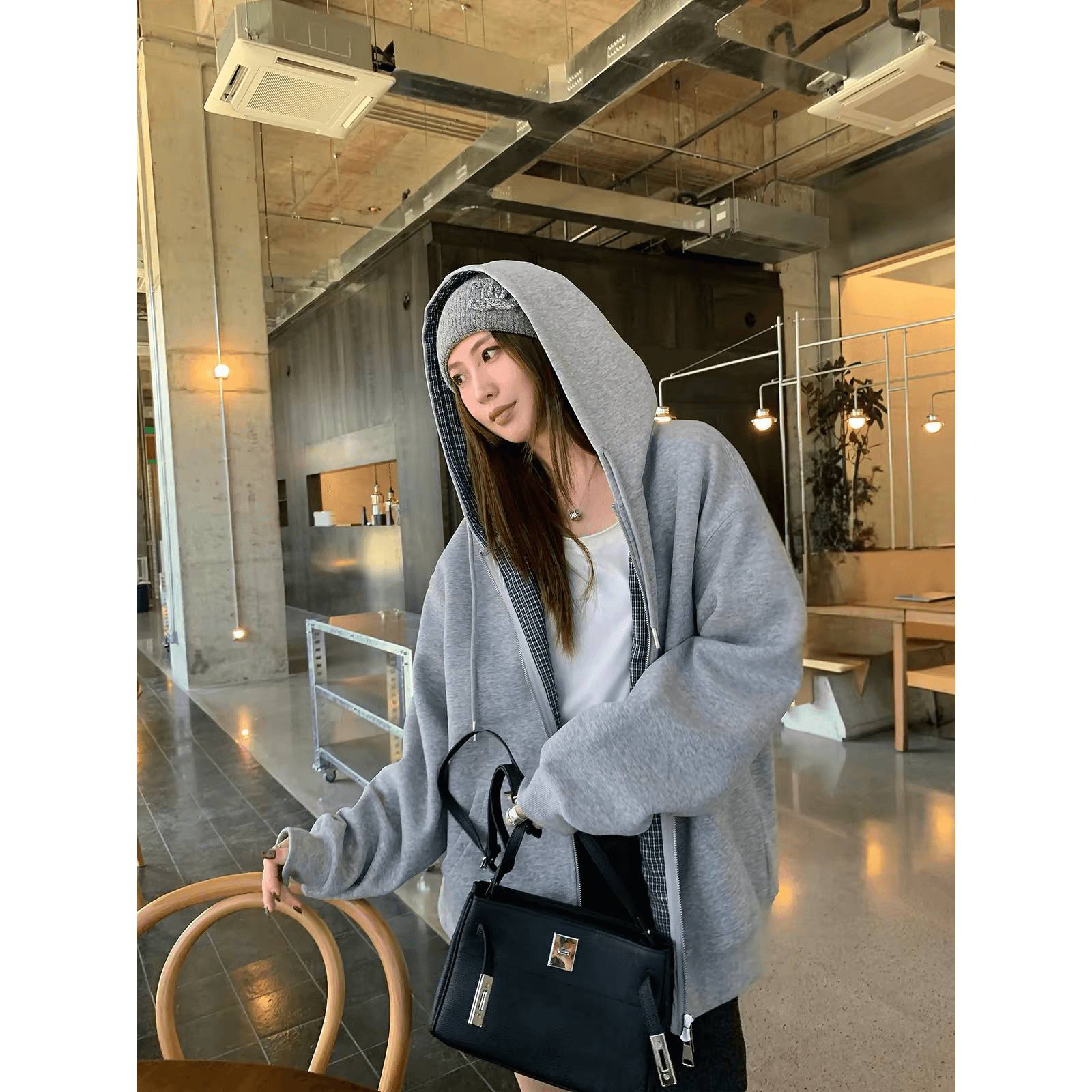 체크무늬 패치워크 디자인 느긋한 후드 티 스웨터 여성 가을 miu 부서 회색 지퍼 작은 대중 카디건 코트 이미지 5