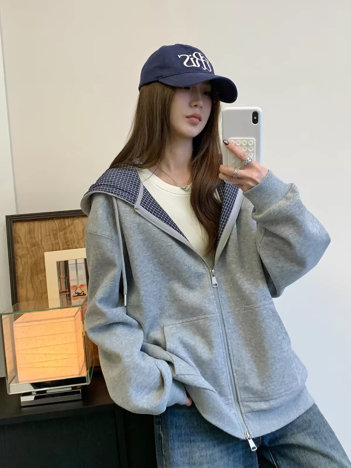 체크무늬 패치워크 디자인 느긋한 후드 티 스웨터 여성 가을 miu 부서 회색 지퍼 작은 대중 카디건 코트 상세 이미지 1