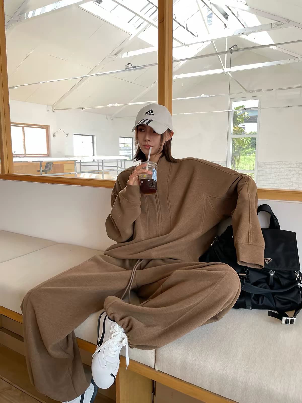 jccc 그림자 따뜻한 커피 휴일 가을 겨울 커피 색상 하프 지퍼 스탠드 칼라 프로필 모양 후드티 캐주얼 웨이 바지 세트 상세 이미지 1