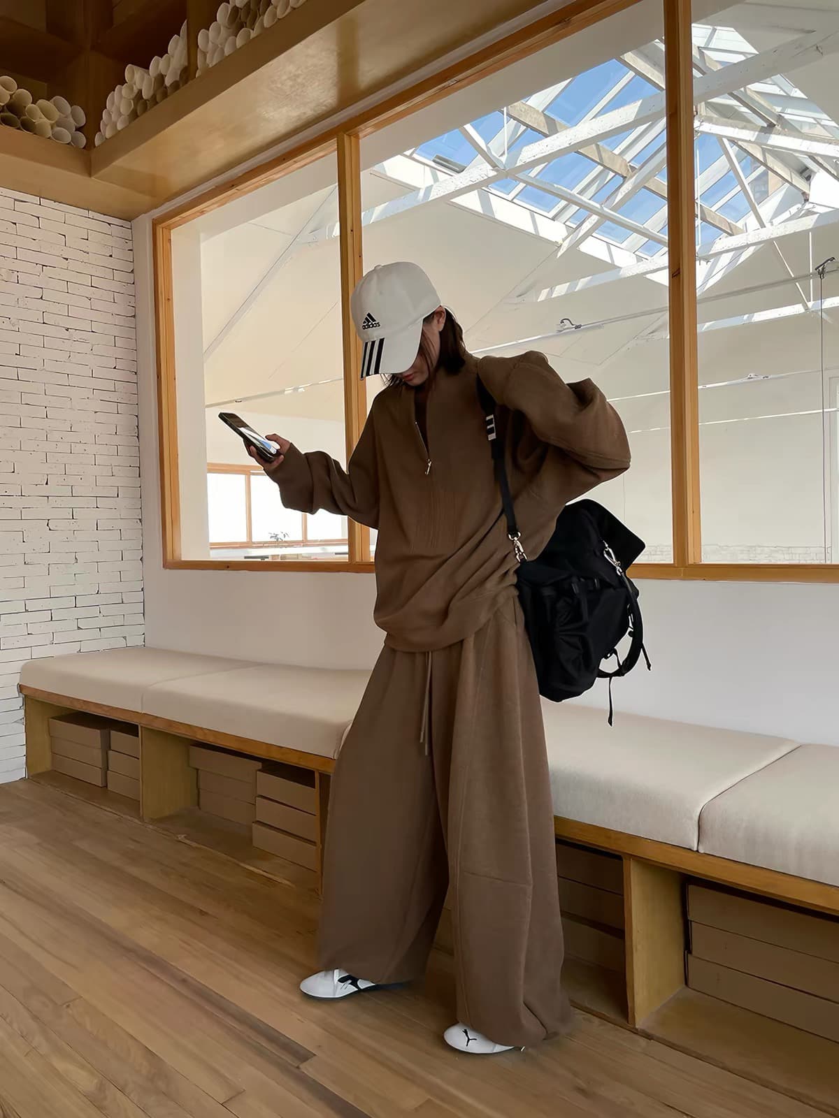 jccc 그림자 따뜻한 커피 휴일 가을 겨울 커피 색상 하프 지퍼 스탠드 칼라 프로필 모양 후드티 캐주얼 웨이 바지 세트 상세 이미지 5