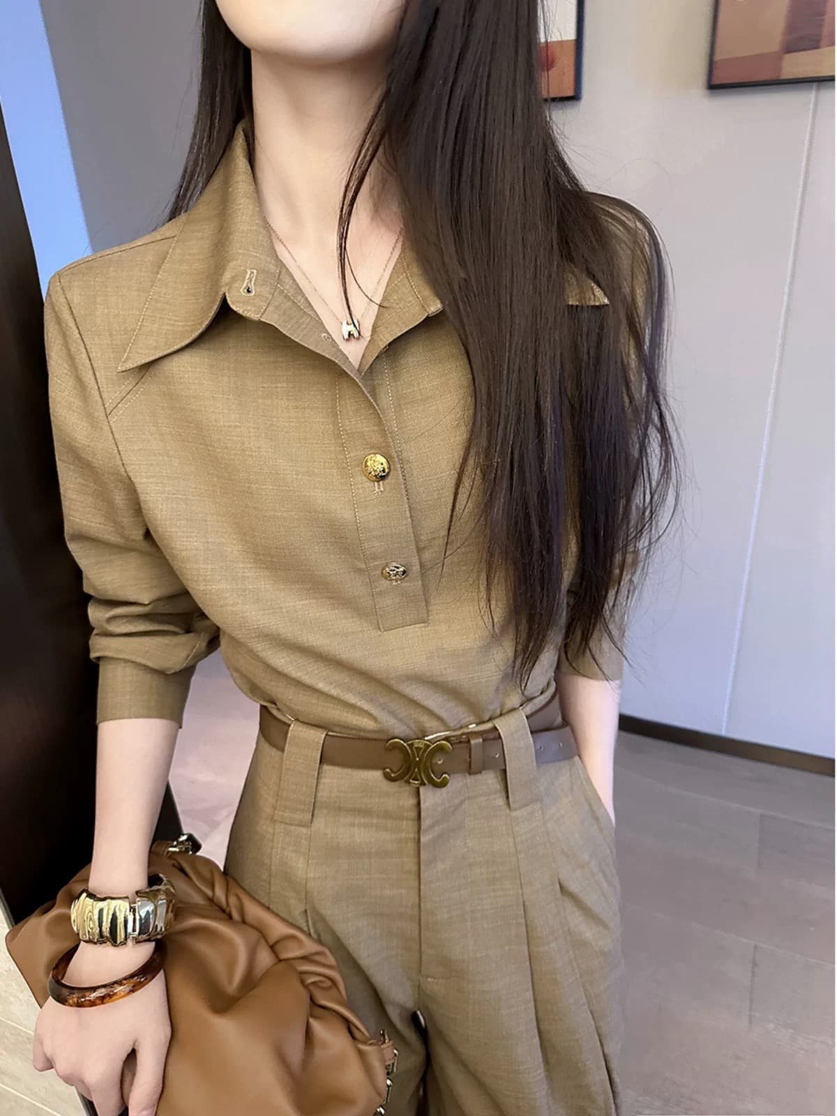 커피 색상 오래된 돈 바람 POLO 칼라 풀오버 여성 셔츠 가을 2026 새로운 다용도 품격 긴팔 맨위 상세 이미지 1