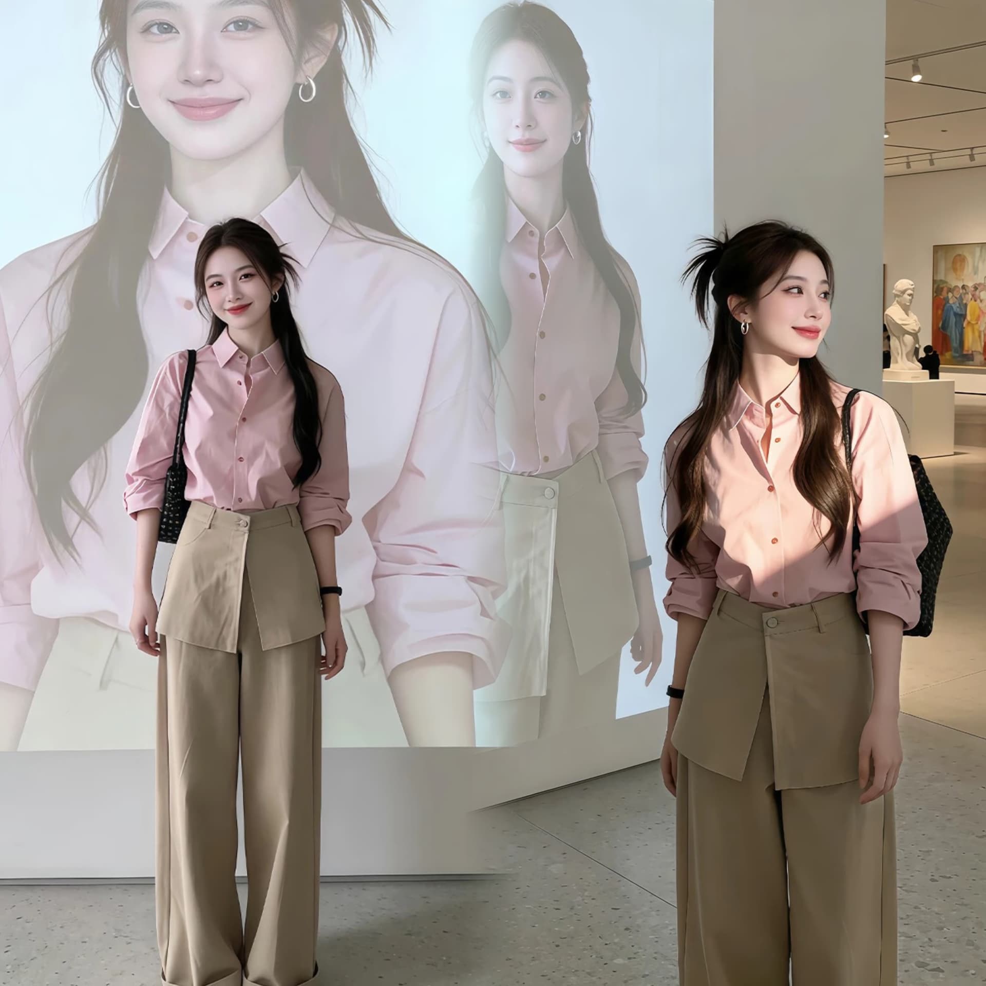 품격 전체 집합 ootd 착용 가져 가라. 한 부서 자이언트 잘 생긴 핑크색 셔츠 와이드 레그 팬츠 투피스 슈트 2026 가을 섹션 이미지 5