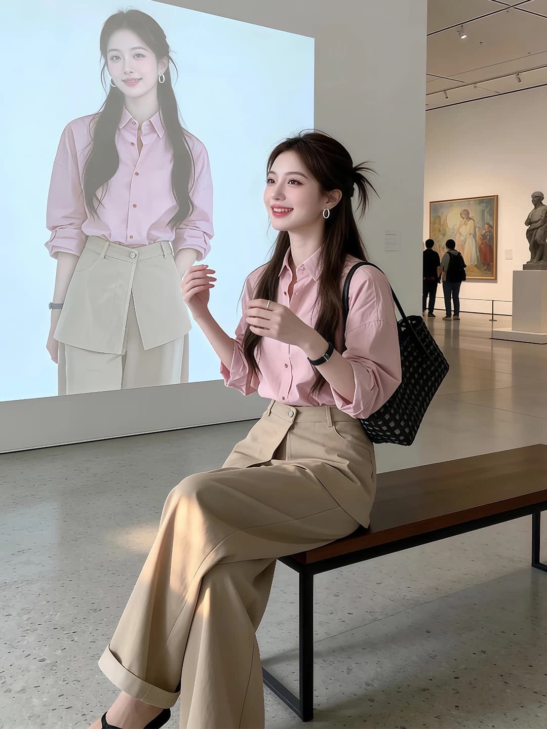 품격 전체 집합 ootd 착용 가져 가라. 한 부서 자이언트 잘 생긴 핑크색 셔츠 와이드 레그 팬츠 투피스 슈트 2026 가을 섹션 상세 이미지 2