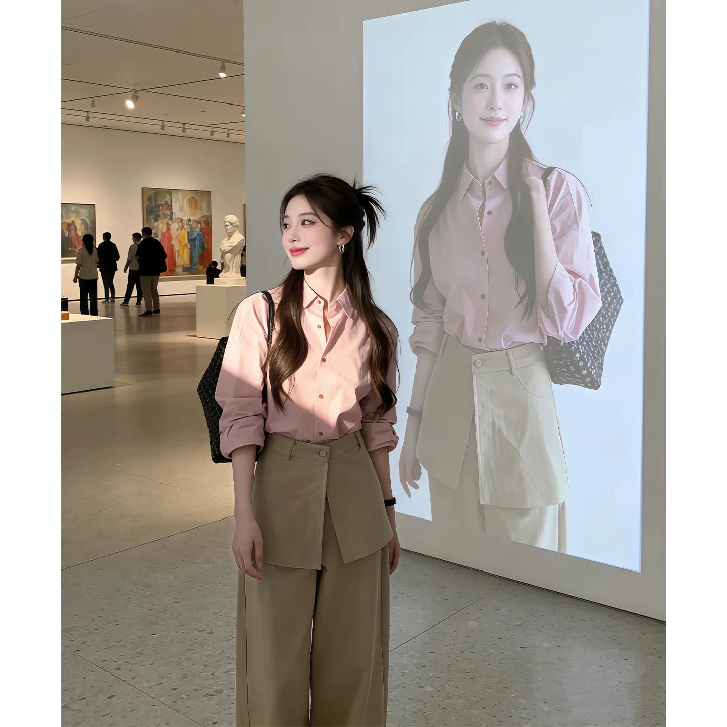 품격 전체 집합 ootd 착용 가져 가라. 한 부서 자이언트 잘 생긴 핑크색 셔츠 와이드 레그 팬츠 투피스 슈트 2026 가을 섹션 상세 이미지 4