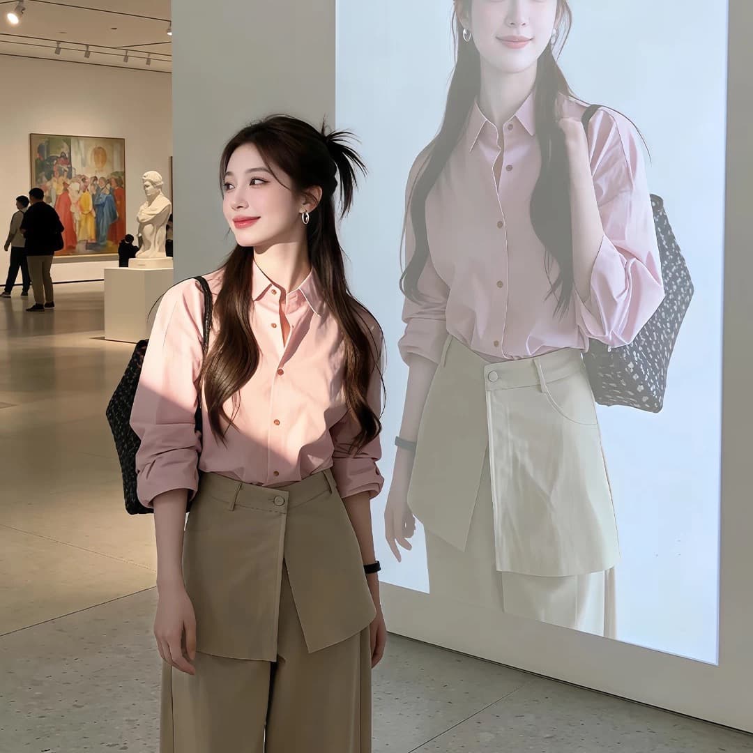 품격 전체 집합 ootd 착용 가져 가라. 한 부서 자이언트 잘 생긴 핑크색 셔츠 와이드 레그 팬츠 투피스 슈트 2026 가을 섹션 상세 이미지 5