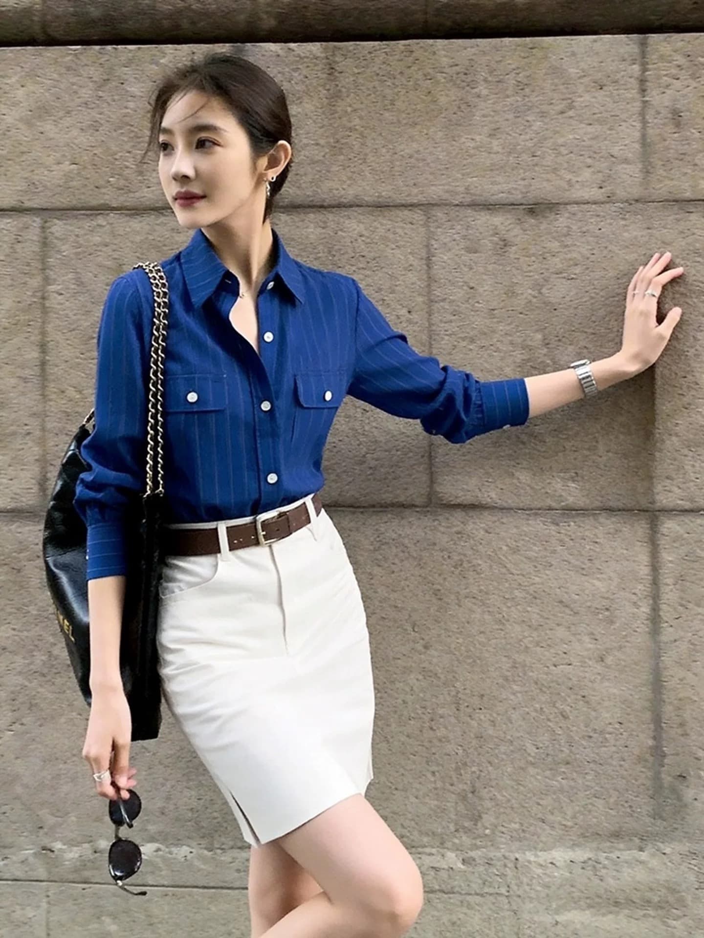 디자인 센스 작은 대중 고유 한 Chic 아름다운 톰 글 래 원인 블루 POLO 칼라 긴팔 셔츠 화이트 반신 스커트 착용 가져 가라. 여성 상세 이미지 2