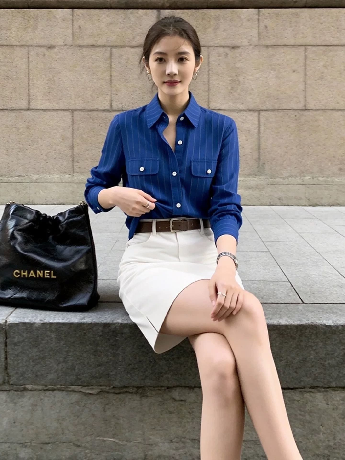 디자인 센스 작은 대중 고유 한 Chic 아름다운 톰 글 래 원인 블루 POLO 칼라 긴팔 셔츠 화이트 반신 스커트 착용 가져 가라. 여성 상세 이미지 4