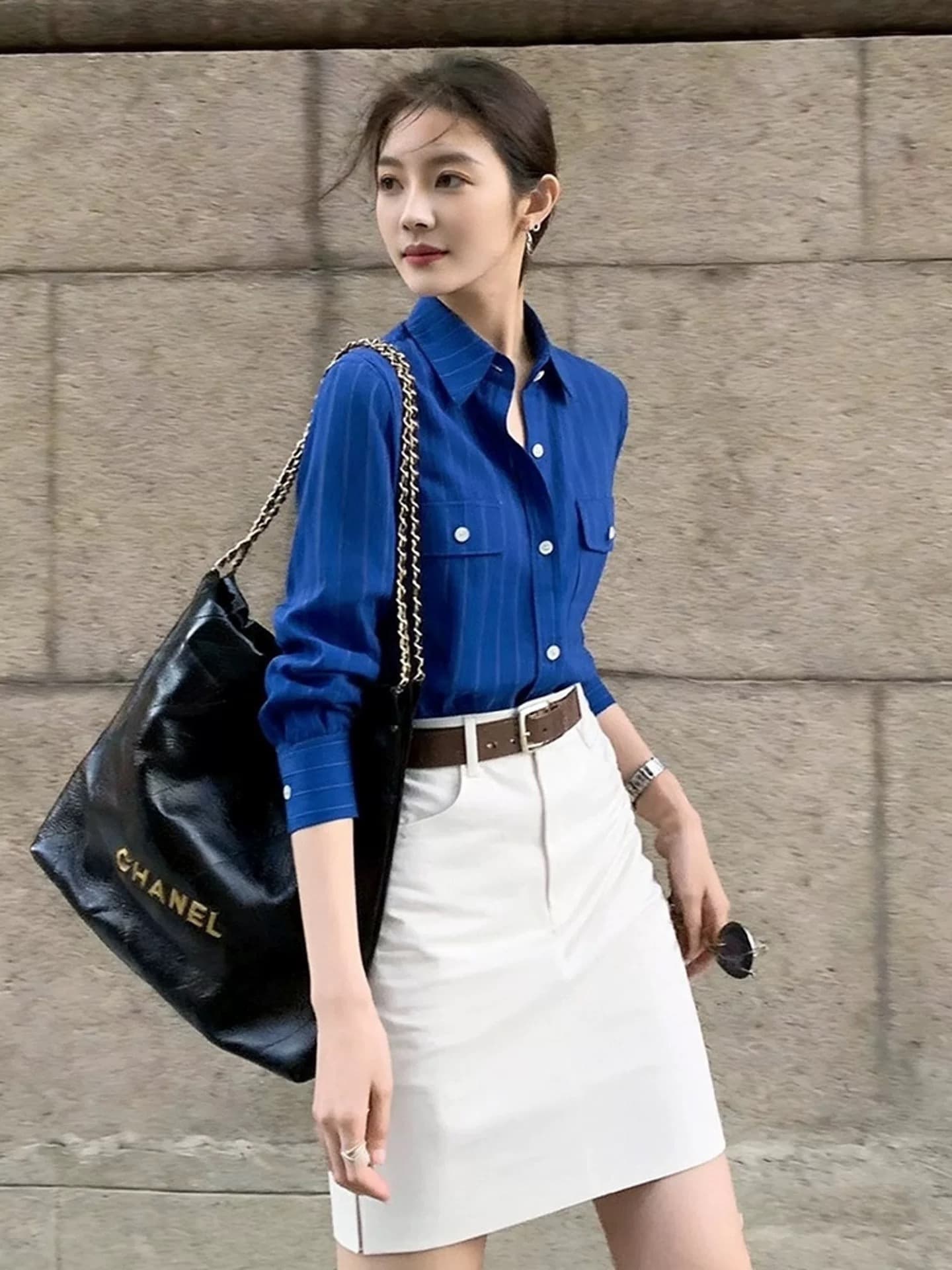 디자인 센스 작은 대중 고유 한 Chic 아름다운 톰 글 래 원인 블루 POLO 칼라 긴팔 셔츠 화이트 반신 스커트 착용 가져 가라. 여성 상세 이미지 5