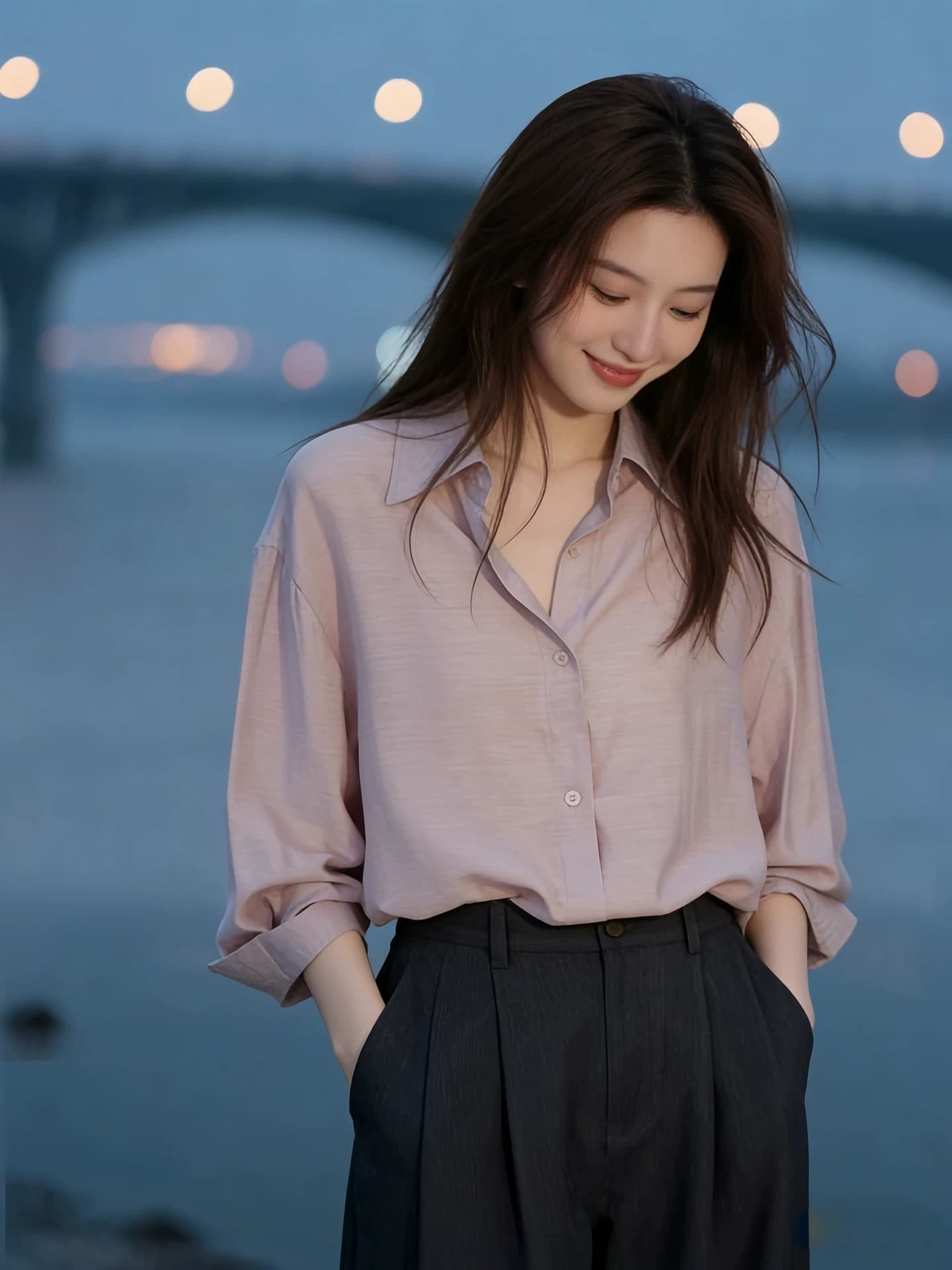 프랑스식 핑크색 레트로 폴로 칼라 단추 품격 부드러운 여성 셔츠 느긋한 루즈핏 슬림해 보이는 다용도 출퇴근 맨위 이미지 4