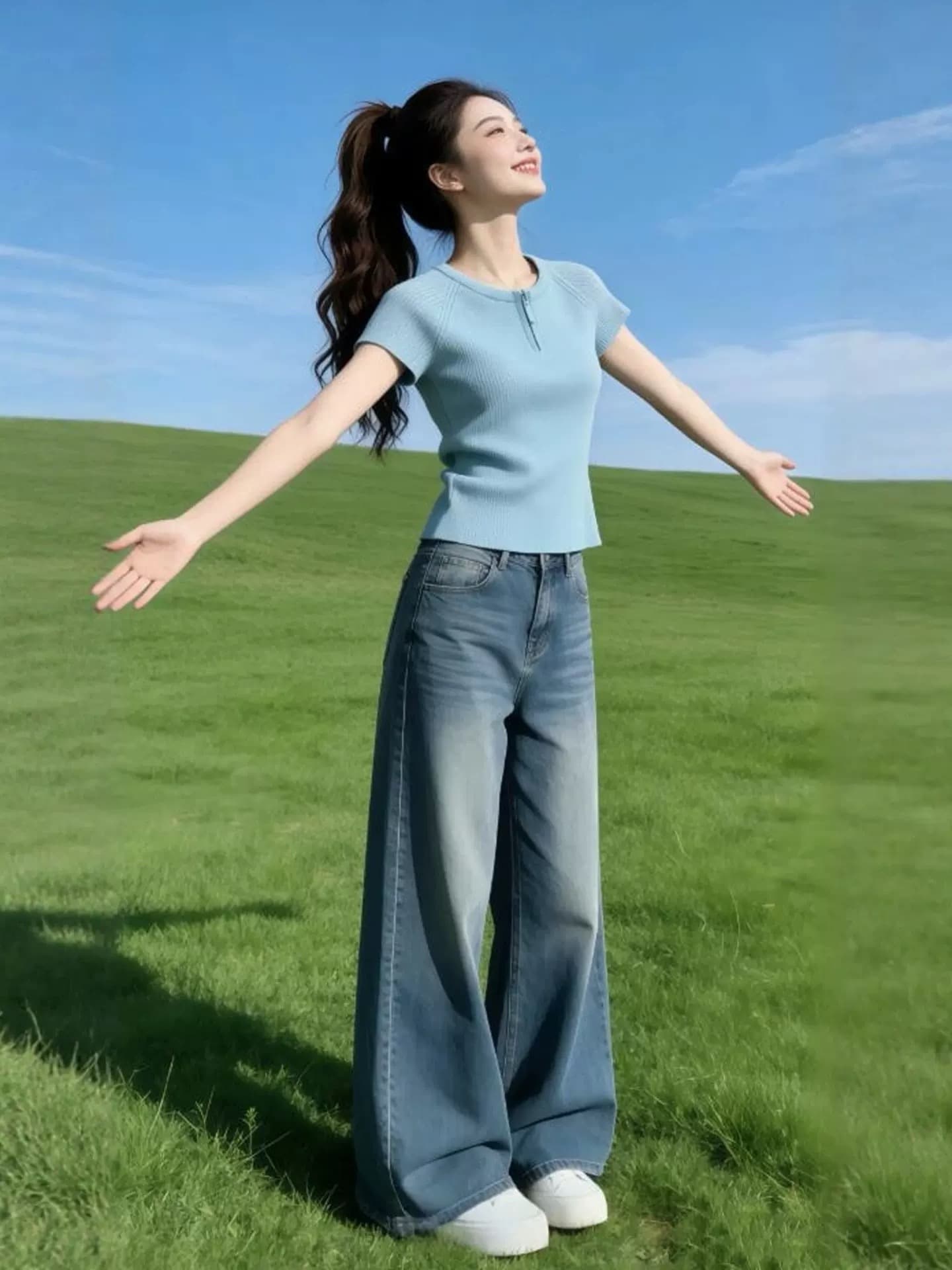 부드러운 부서 클래식 다용도 섹션 빛 럭셔리 익스트림 제인 바람 반팔 티셔츠 여성 파란색 지퍼 몸매 가꾸기 슬림해 보이는 맨위 상세 이미지 1