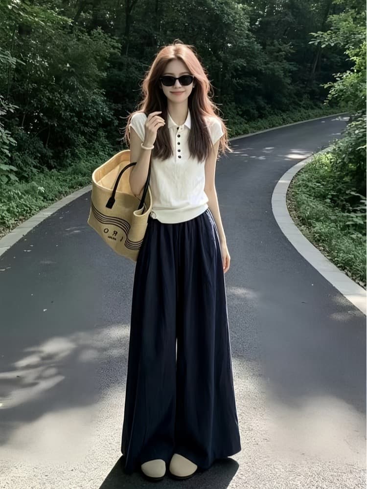 빛 사람들 높음 지혜 센스 한 부서 착용 가져 가라. 전체 집합 느긋한 캐주얼 POLO 칼라 반팔 와이드 레그 팬츠 어린이 투피스 슈트 여성 이미지 5