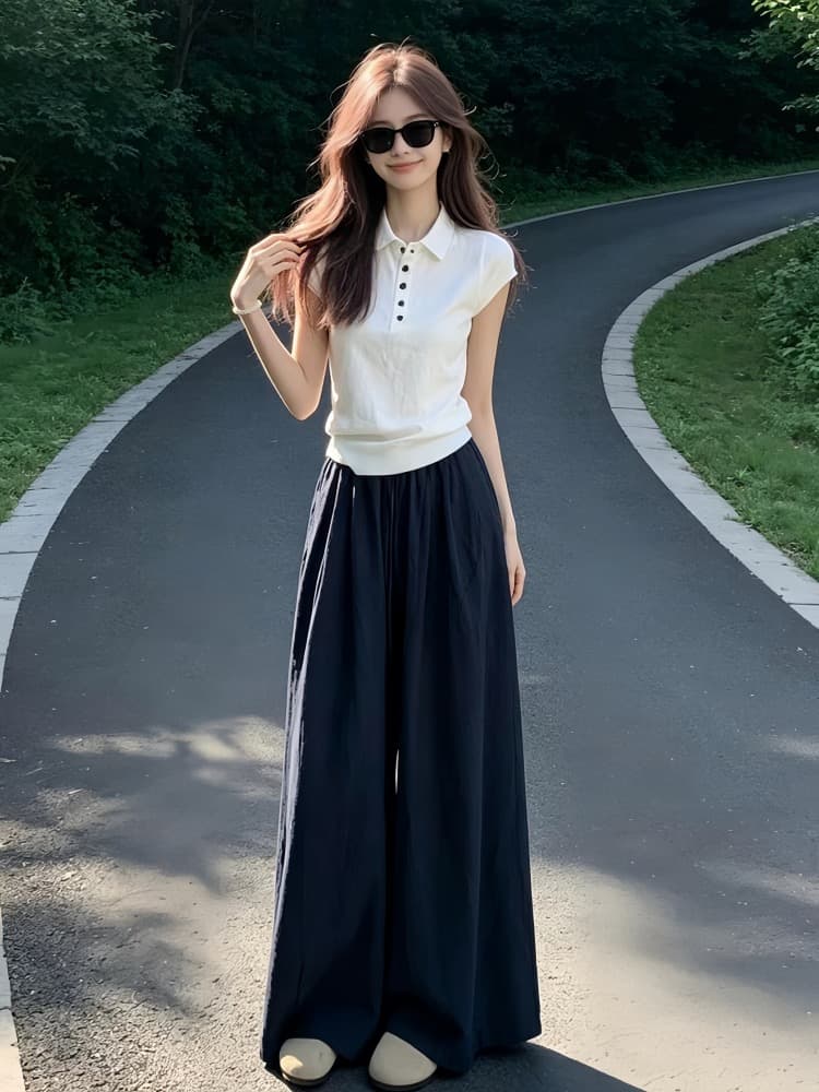 빛 사람들 높음 지혜 센스 한 부서 착용 가져 가라. 전체 집합 느긋한 캐주얼 POLO 칼라 반팔 와이드 레그 팬츠 어린이 투피스 슈트 여성 상세 이미지 2
