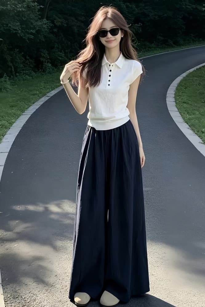 빛 사람들 높음 지혜 센스 한 부서 착용 가져 가라. 전체 집합 느긋한 캐주얼 POLO 칼라 반팔 와이드 레그 팬츠 어린이 투피스 슈트 여성 상세 이미지 5