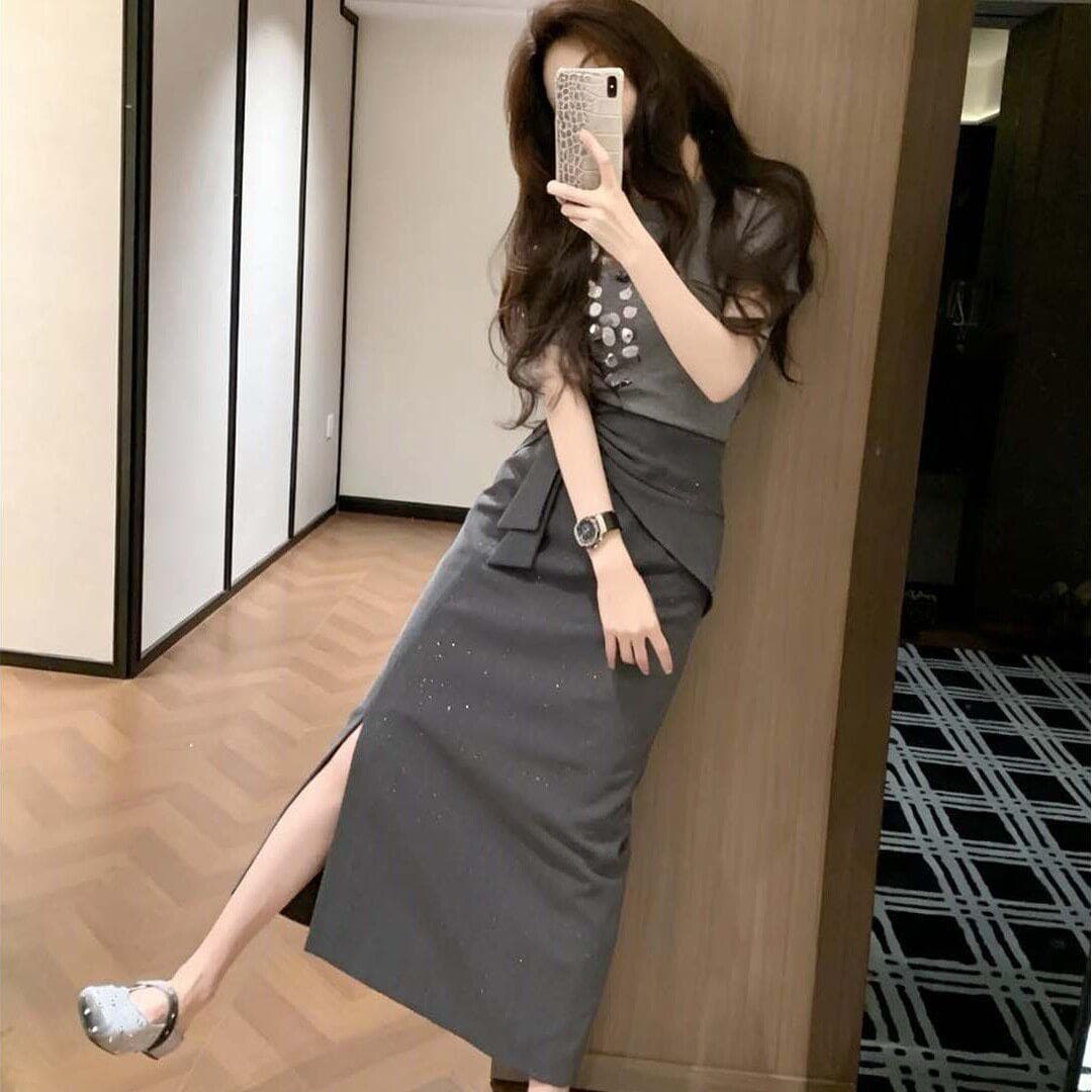 프랑스식 여름 새로운 품격 빛 럭셔리 디자인 센스 스팽글 반팔 맨위 트임 반신 스커트 슬림해 보이는 세트 상세 이미지 1