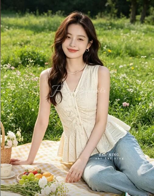 프랑스식 V넥 캐미솔 2026 여름 새로운 홀로우 아웃 디자인 센스 허리 수축 민소매 외출용 쇼트 스타일 맨위 상세 이미지 5