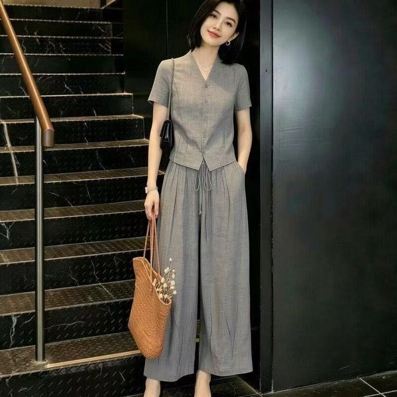 슬림해 보이는 루즈핏 맨위 허리밴드 펌프 로프 와이드 레그 팬츠 세트 여름 상세 이미지 1