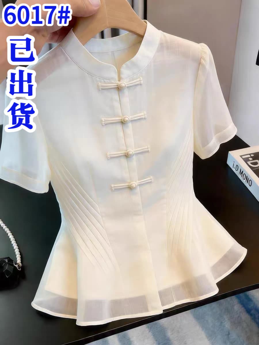 프랑스식 출퇴근 바람 화이트 반팔 여성 셔츠 스탠드 칼라 단추 허리 수축 품격 작은 대중 맨위 슈퍼 잘 생긴 시간 아직도 느낌