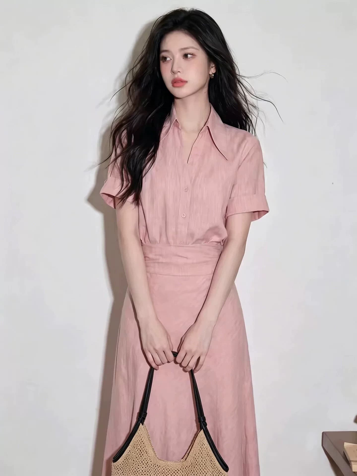 빛 사람들 코치 착용 가져 가라. 전체 집합 여성 의류 2026 여름 느슨함 센스 핑크색 셔츠 반신 치마 투피스 슈트 상세 이미지 1