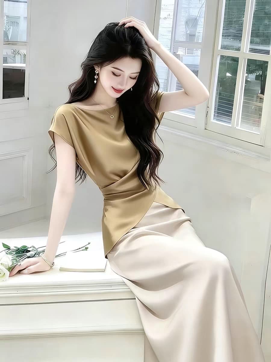 2026 여름 전체 집합 여성 의류 품격 고급 센스 세련된 외국 가스 카키 색 새틴 맨위 반신 치마 세트 이미지 3