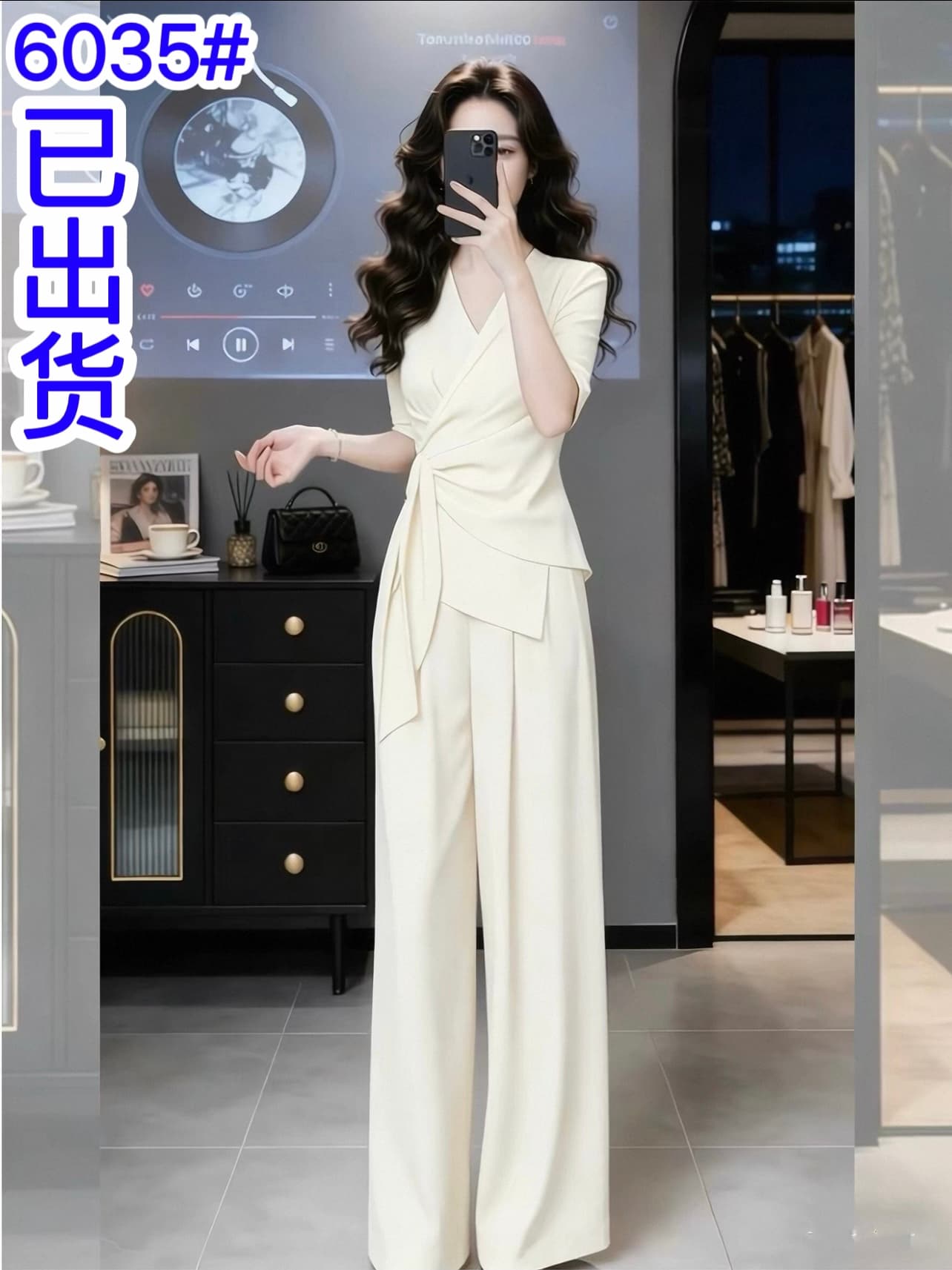 빛 사람들 코치 착용 가져 가라. 전체 집합 여름 출퇴근 품격 고급 센스 레이스업 정장 맨위 와이드 레그 팬츠 세트 여성 이미지 2
