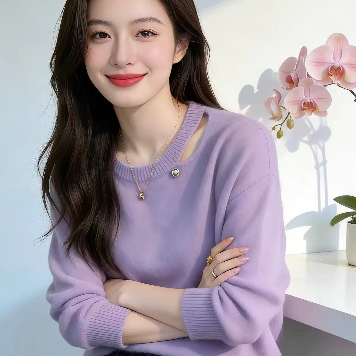 도파민 보라색 홀로우 아웃 풀오버 긴팔 스웨터 여자 가을 한 부서 분위기 센스 고유 한 아름다운 루즈핏 니트 스웨터 트렌디 이미지 4