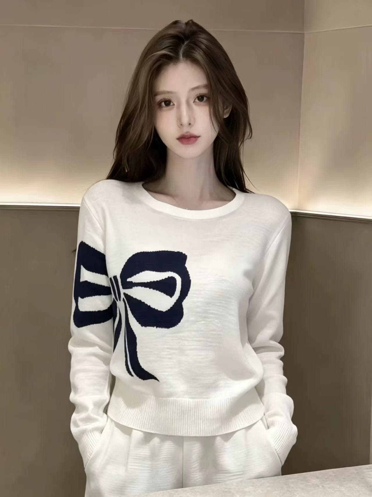 화이트 라운드 넥 긴팔 얇은 스타일 티셔츠 여성 배색 나비 매듭 기본 셔츠 2026 새로운 조기 가을 니트 맨위 이미지 3