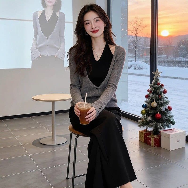 프랑스식 페이크 레이어드 V넥 행침 목 니트 스웨터 여성 봄 가을 패션 마이크로 지방 mm 슬림해 보이는 연령 감소 다용도 스웨터 맨위 상세 이미지 4