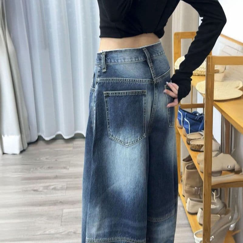항구 바람 봄 가을 새로운 개성 알파벳 청바지 웃음 하 ins 트렌디 높음 거리 트렌드 악당 잘 생긴 바닥 청소 청바지 이미지 2