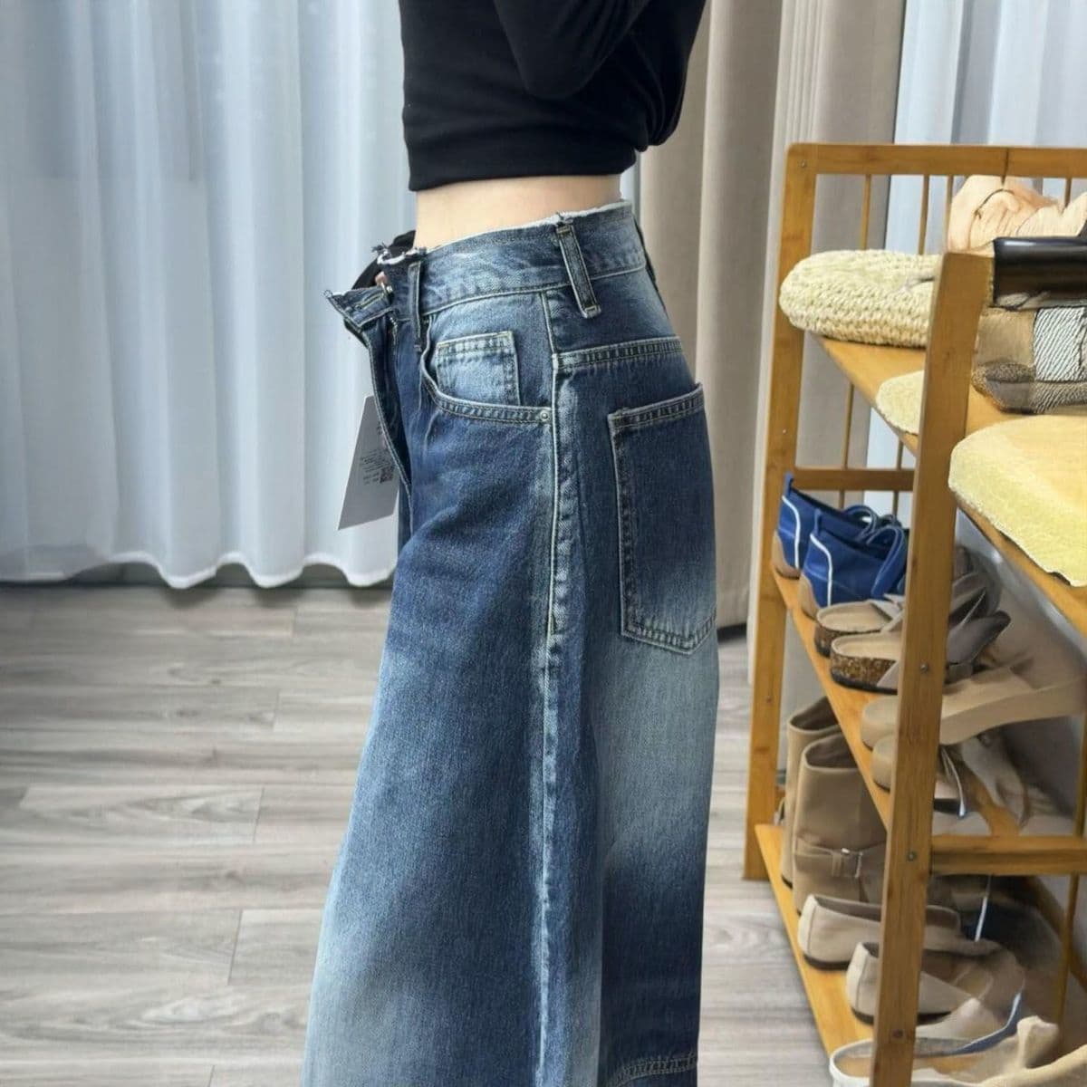항구 바람 봄 가을 새로운 개성 알파벳 청바지 웃음 하 ins 트렌디 높음 거리 트렌드 악당 잘 생긴 바닥 청소 청바지 상세 이미지 6