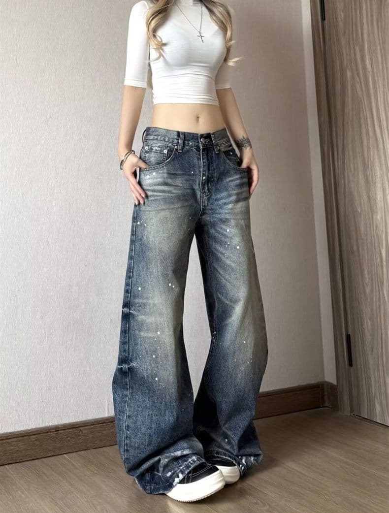 출퇴근 중성 워싱 먹물 모통이 칼 청바지 여성 봄 가을 루즈핏 넓은 다리 도루 센스 슬림해 보이는 바닥 청소 데님 바지 상세 이미지 8