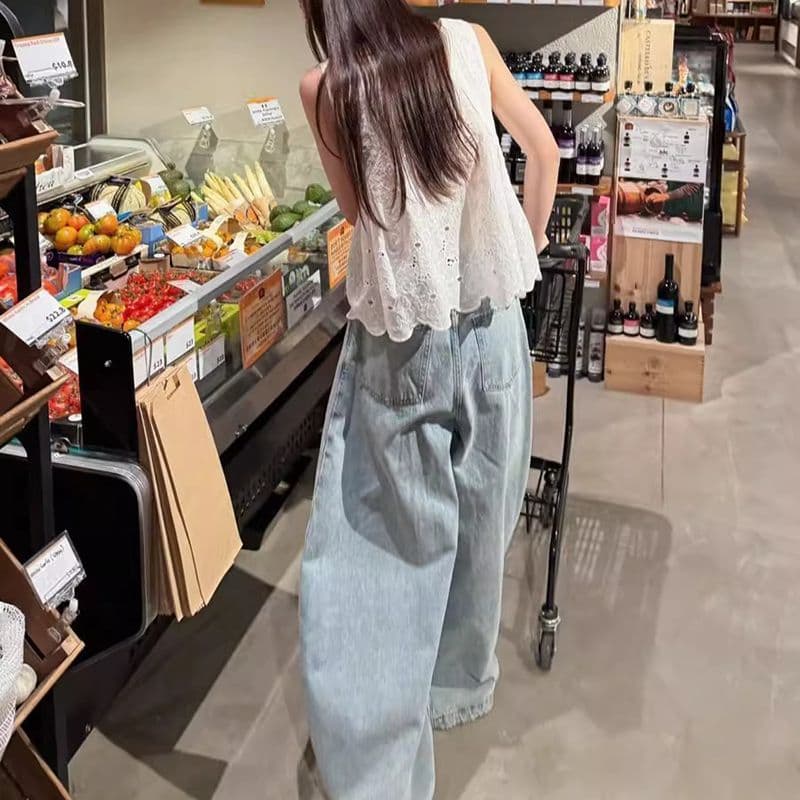 아메리칸 높음 거리 넓은 다리 청바지 여성 봄 가을 새로운 지불 루즈핏 하이웨이스트 디자인 센스 슬림해 보이는 바닥 청소 청바지 이미지 4
