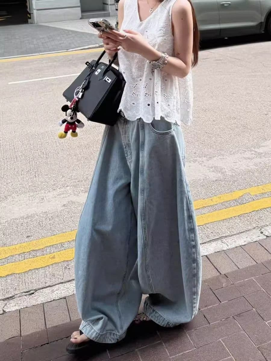 아메리칸 높음 거리 넓은 다리 청바지 여성 봄 가을 새로운 지불 루즈핏 하이웨이스트 디자인 센스 슬림해 보이는 바닥 청소 청바지 상세 이미지 2