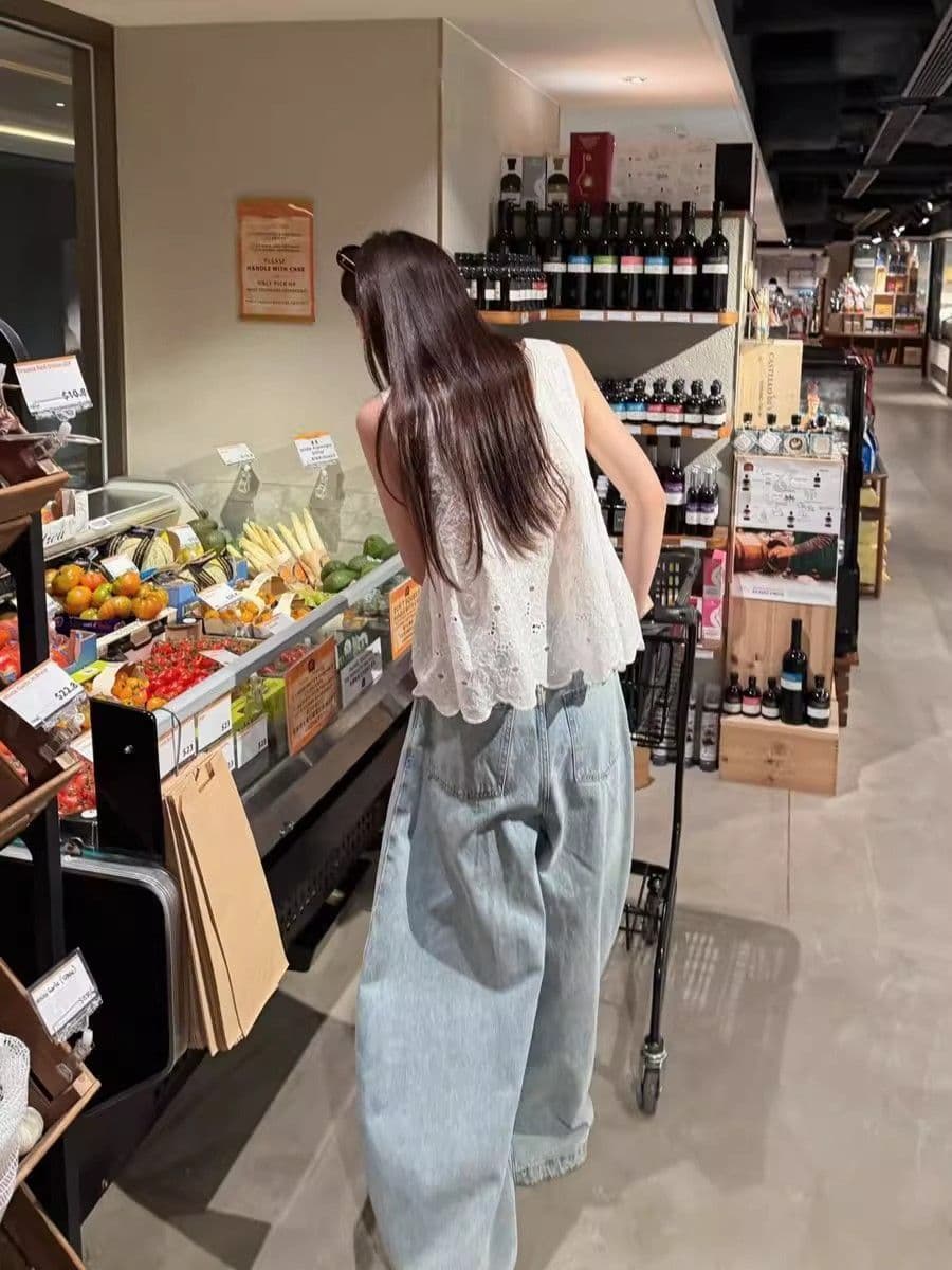 아메리칸 높음 거리 넓은 다리 청바지 여성 봄 가을 새로운 지불 루즈핏 하이웨이스트 디자인 센스 슬림해 보이는 바닥 청소 청바지 상세 이미지 3