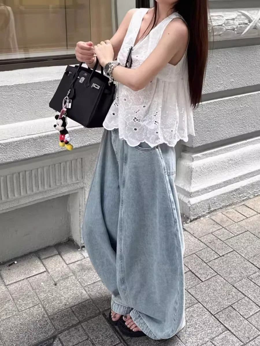 아메리칸 높음 거리 넓은 다리 청바지 여성 봄 가을 새로운 지불 루즈핏 하이웨이스트 디자인 센스 슬림해 보이는 바닥 청소 청바지 상세 이미지 6