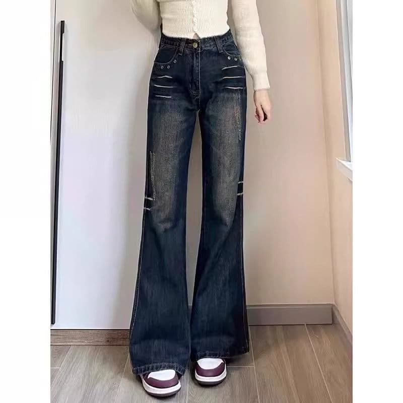 출퇴근 웃음 하 ins 트렌디 트렌드 하이 웨이스트 청바지 여성 봄 가을 새로운 슬림해 보이는 패션 바닥 청소 청바지 트렌디