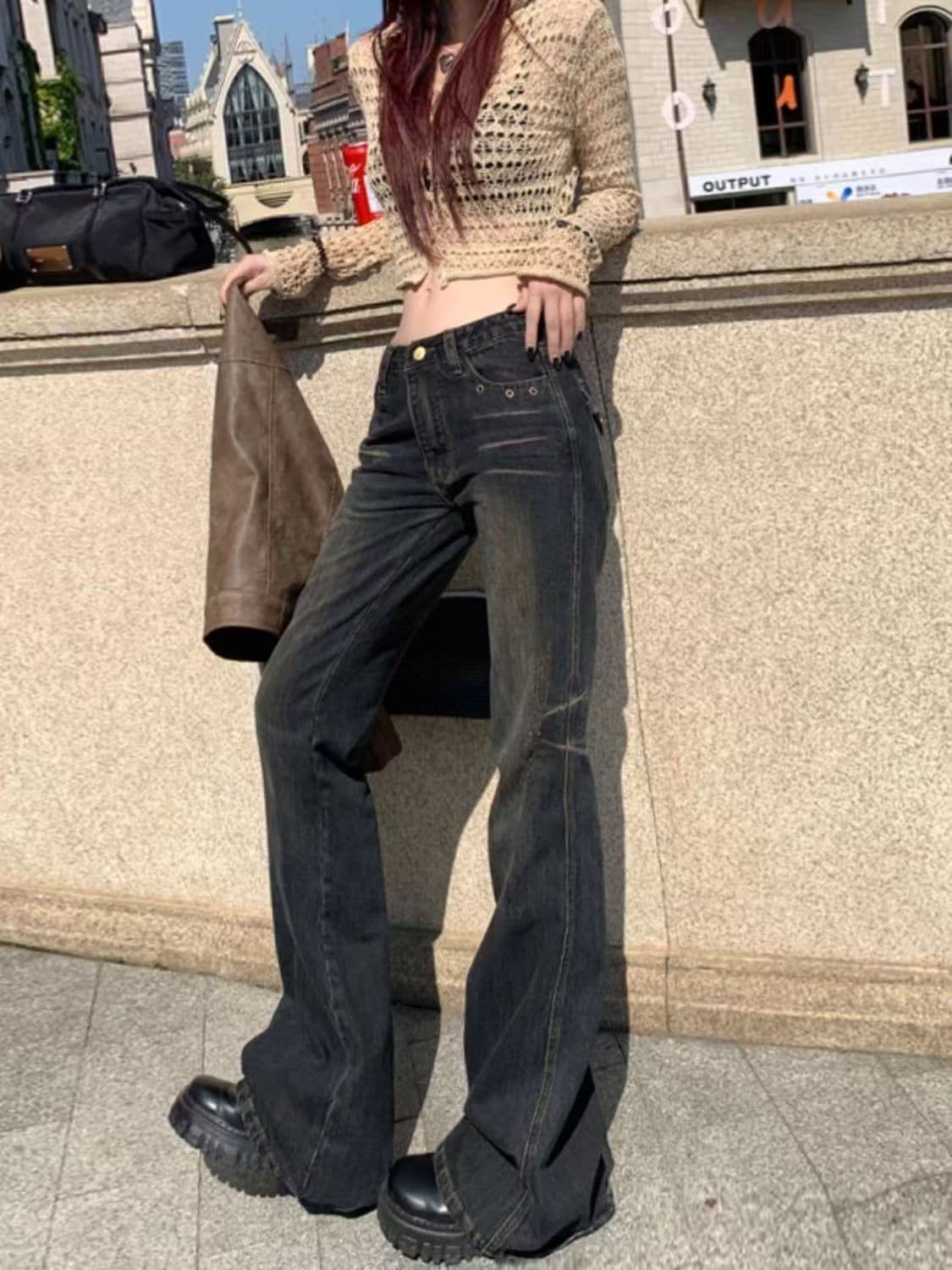 출퇴근 웃음 하 ins 트렌디 트렌드 하이 웨이스트 청바지 여성 봄 가을 새로운 슬림해 보이는 패션 바닥 청소 청바지 트렌디 상세 이미지 8