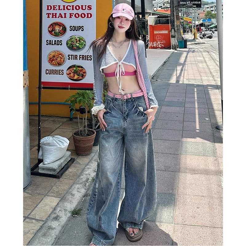 아메리칸 거리 디자인 센스 넓은 다리 청바지 여성 봄 가을 새로운 개성 하이웨이스트 루즈핏 바닥 청소 청바지 트렌디 이미지 2