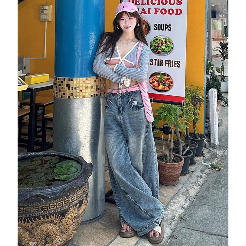 아메리칸 거리 디자인 센스 넓은 다리 청바지 여성 봄 가을 새로운 개성 하이웨이스트 루즈핏 바닥 청소 청바지 트렌디 이미지 5