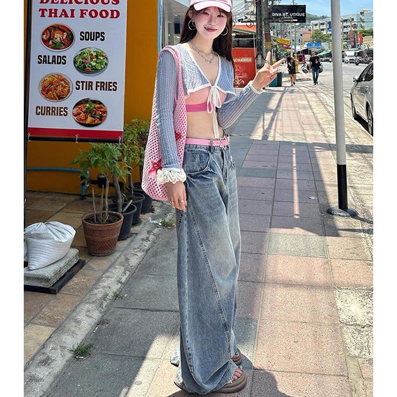 아메리칸 거리 디자인 센스 넓은 다리 청바지 여성 봄 가을 새로운 개성 하이웨이스트 루즈핏 바닥 청소 청바지 트렌디 이미지 4