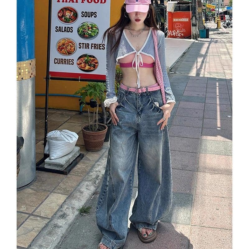 아메리칸 거리 디자인 센스 넓은 다리 청바지 여성 봄 가을 새로운 개성 하이웨이스트 루즈핏 바닥 청소 청바지 트렌디