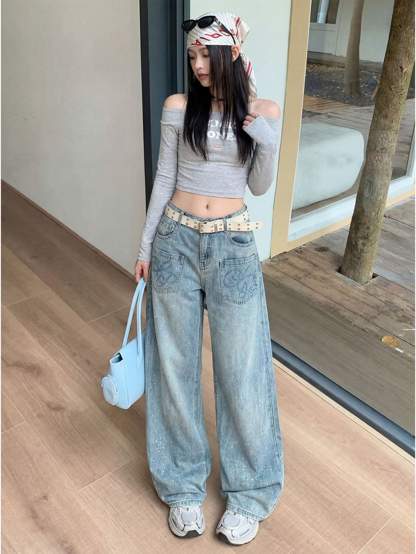 디자인 센스 출퇴근 개성 캐주얼 넓은 다리 청바지 여성 봄 가을 새로운 ins 패션 높음 거리 바닥 청소 청바지 상세 이미지 3