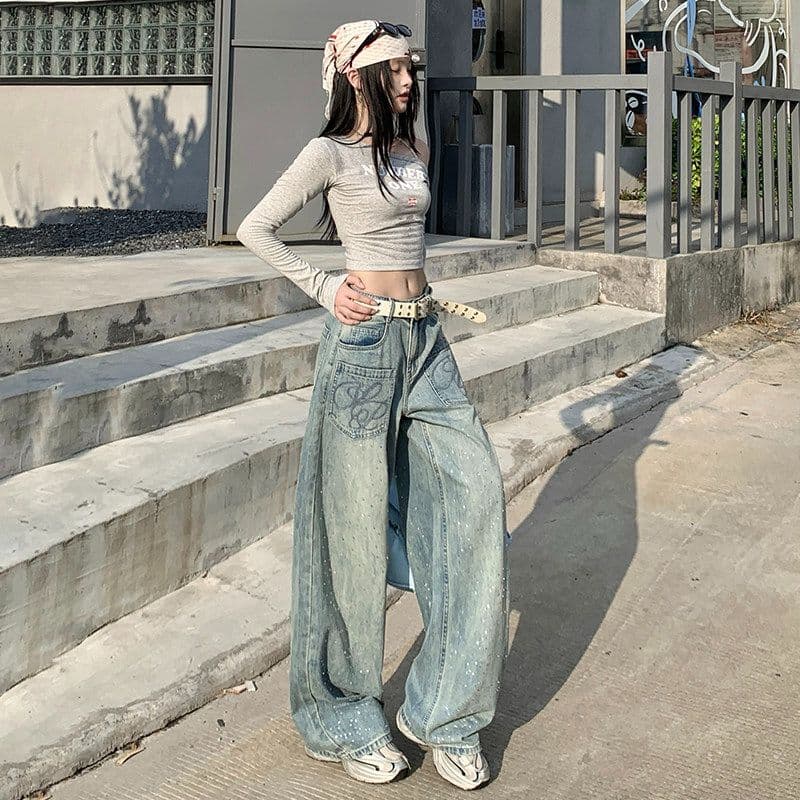 디자인 센스 출퇴근 개성 캐주얼 넓은 다리 청바지 여성 봄 가을 새로운 ins 패션 높음 거리 바닥 청소 청바지 상세 이미지 9