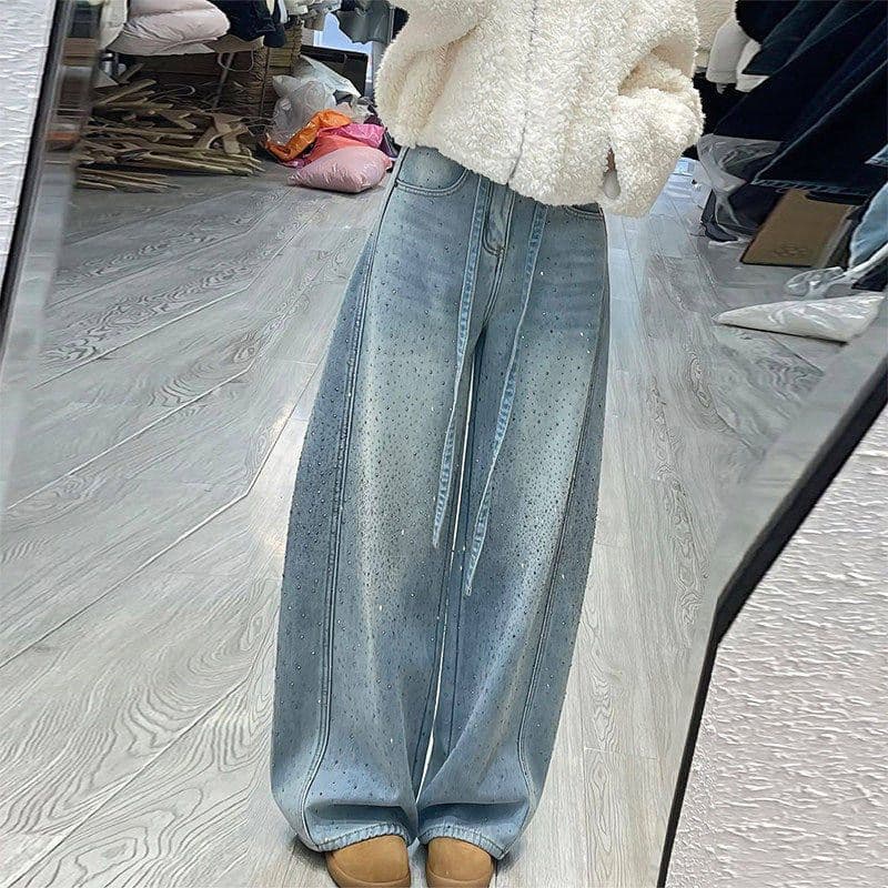 얇은 스타일 작은 대중 디자인 센스 핫픽스 패치워크 청바지 아이들 핫걸 루즈핏 느긋한 느슨함 센스 바닥 청소 청바지