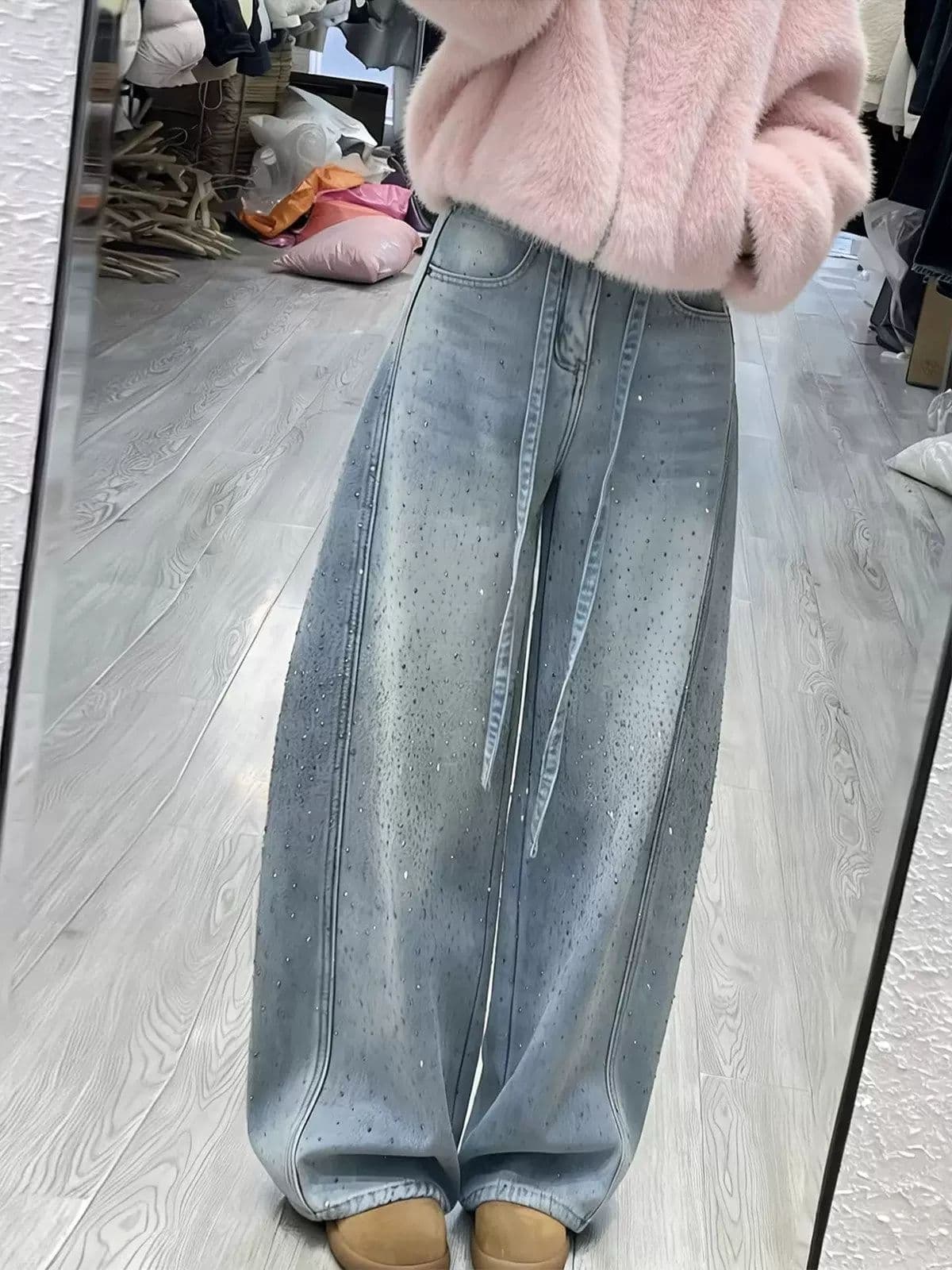 얇은 스타일 작은 대중 디자인 센스 핫픽스 패치워크 청바지 아이들 핫걸 루즈핏 느긋한 느슨함 센스 바닥 청소 청바지 상세 이미지 2