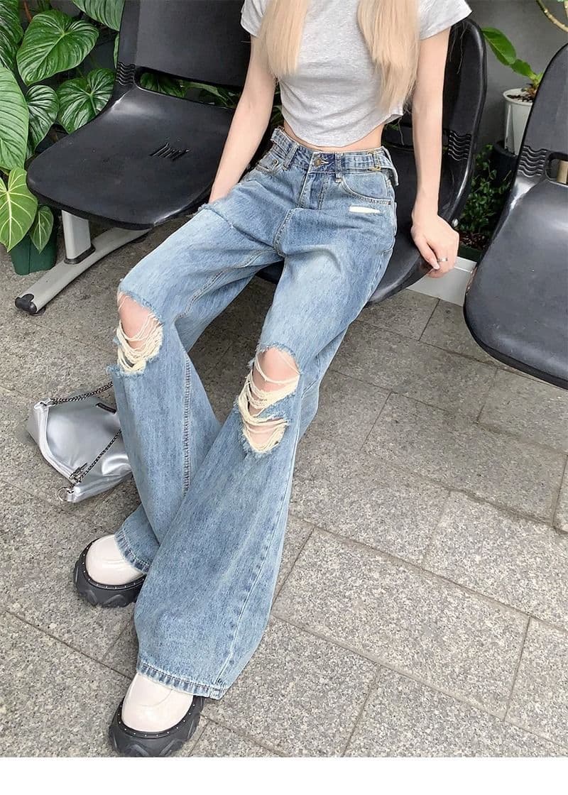 찢어진 부분 스트레이트 청바지 여성 봄 여름 2025 새로운 슬림해 보이는 디자인 센스 빅 사이즈 지방 mm 루즈핏 하이웨이스트 와이드 레그 팬츠 상세 이미지 12