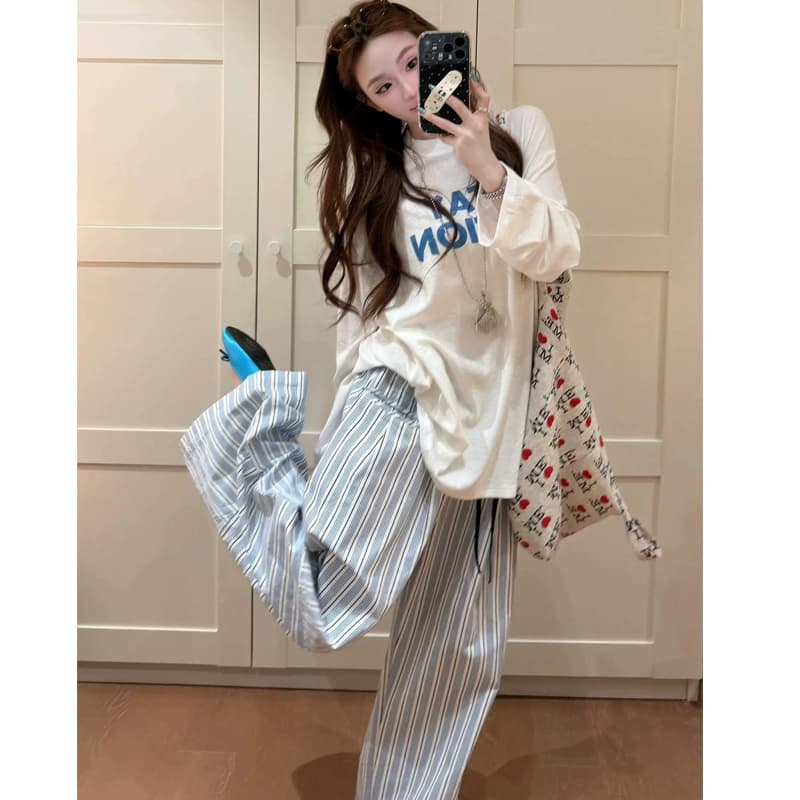 2026 새로운 패치워크 여름 느슨함 센스 펌프 로프 파란색 스트라이프 바지 스트레이트 롱 바지 캐주얼 바지 여성 와이드 레그 팬츠 이미지 5