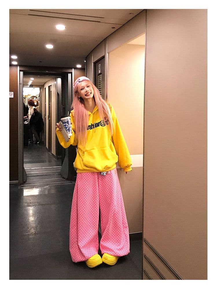 3 차원 허리 머리 루즈핏 느긋한 느슨함 센스 웃음 하 재즈 댄스 운동 바지 핫걸 핑크색 도트 무늬 프린트 웨이 바지 상세 이미지 7