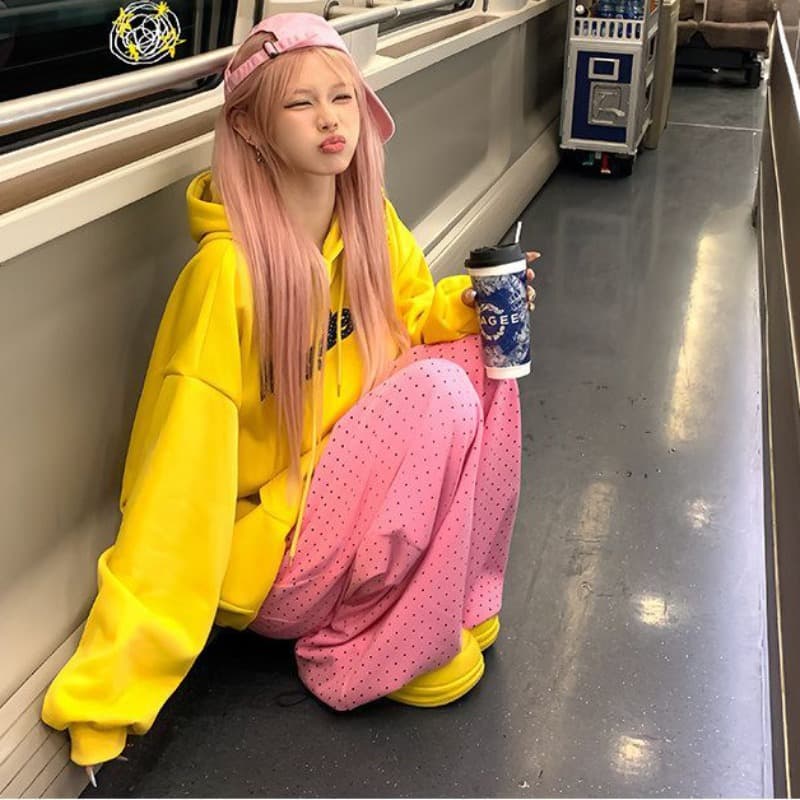 3 차원 허리 머리 루즈핏 느긋한 느슨함 센스 웃음 하 재즈 댄스 운동 바지 핫걸 핑크색 도트 무늬 프린트 웨이 바지 이미지 5