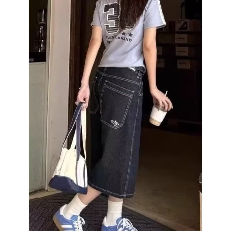 아메리칸 레트로 수 있습니다. 조정 버클 어두운 색 청바지 남녀 같은 단락 여름 새로운 루즈핏 스트레이트 넓은 다리 7부 바지 이미지 5