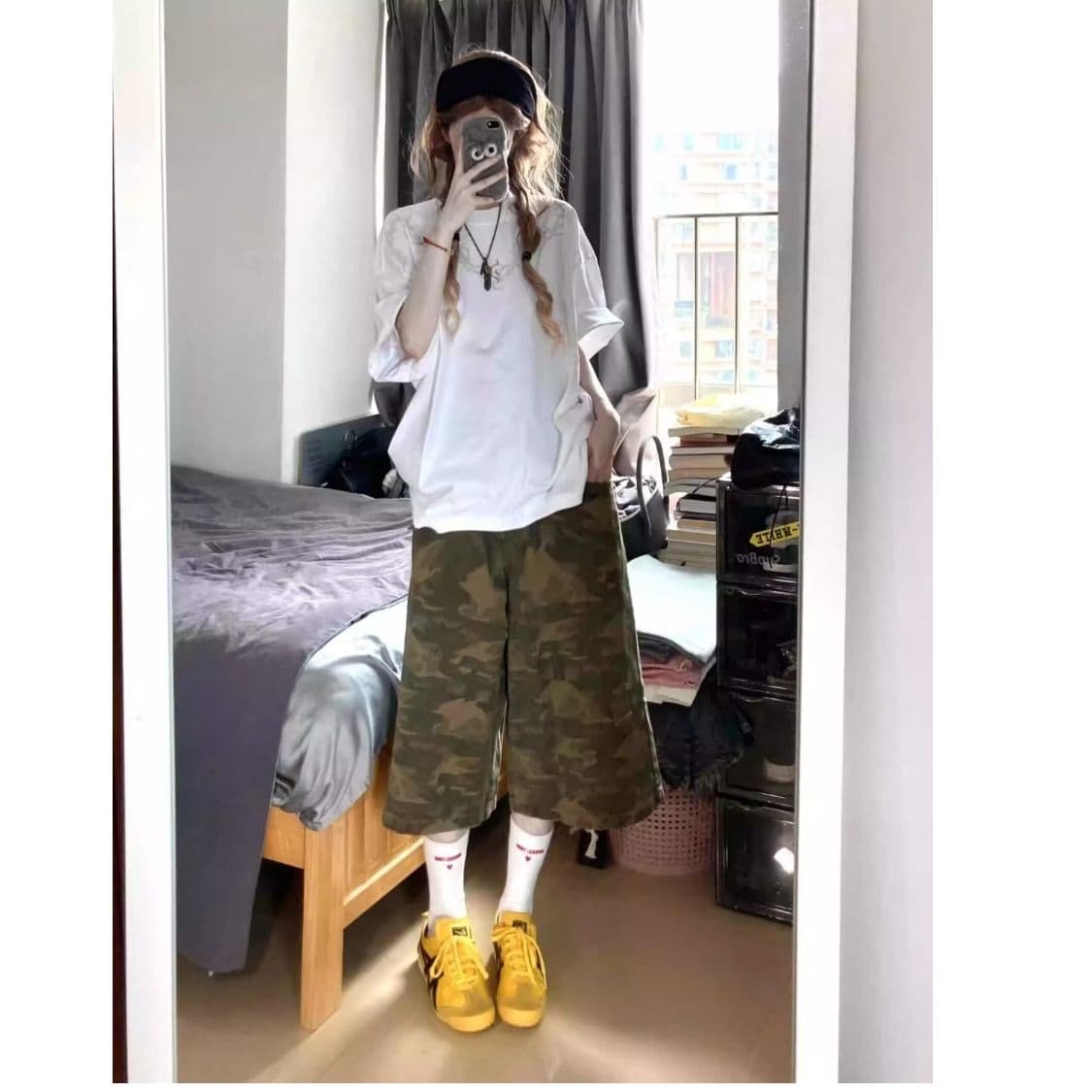 플랫 허리 하프 밴딩 일본식 품격 카모플라주 7부 바지 문예 미니멀리즘 트렌드 느긋한 새로운 패션 하라주쿠 이미지 3
